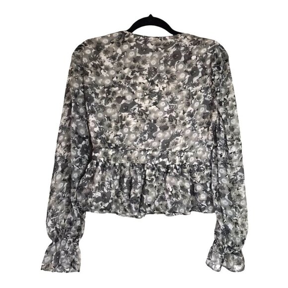 Vero Moda Black Gray Long Sleeve Floral Peplum Top Size Medium NWT - Picture 3 of 7